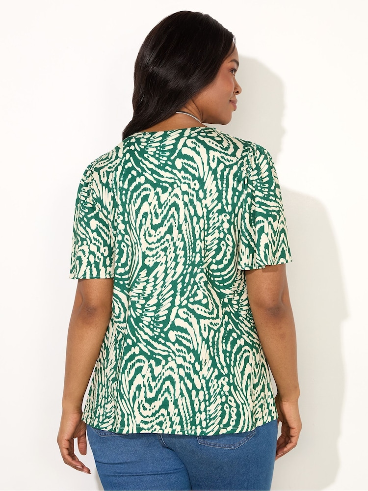 Live Unlimited Green Curve Mono Print Pleat Front Flutter Sleeve Top - Image 3 of 3