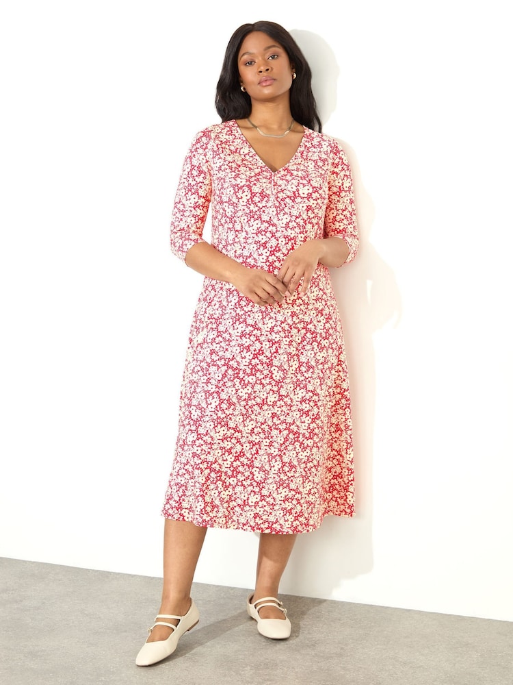 Live Unlimited Red Curve Ditsy Print Jersey Ruched Front Dress - Image 2 of 4