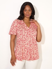 Live Unlimited Red Curve Ditsy Print Pleat Front Flutter Sleeve Top - Image 1 of 4
