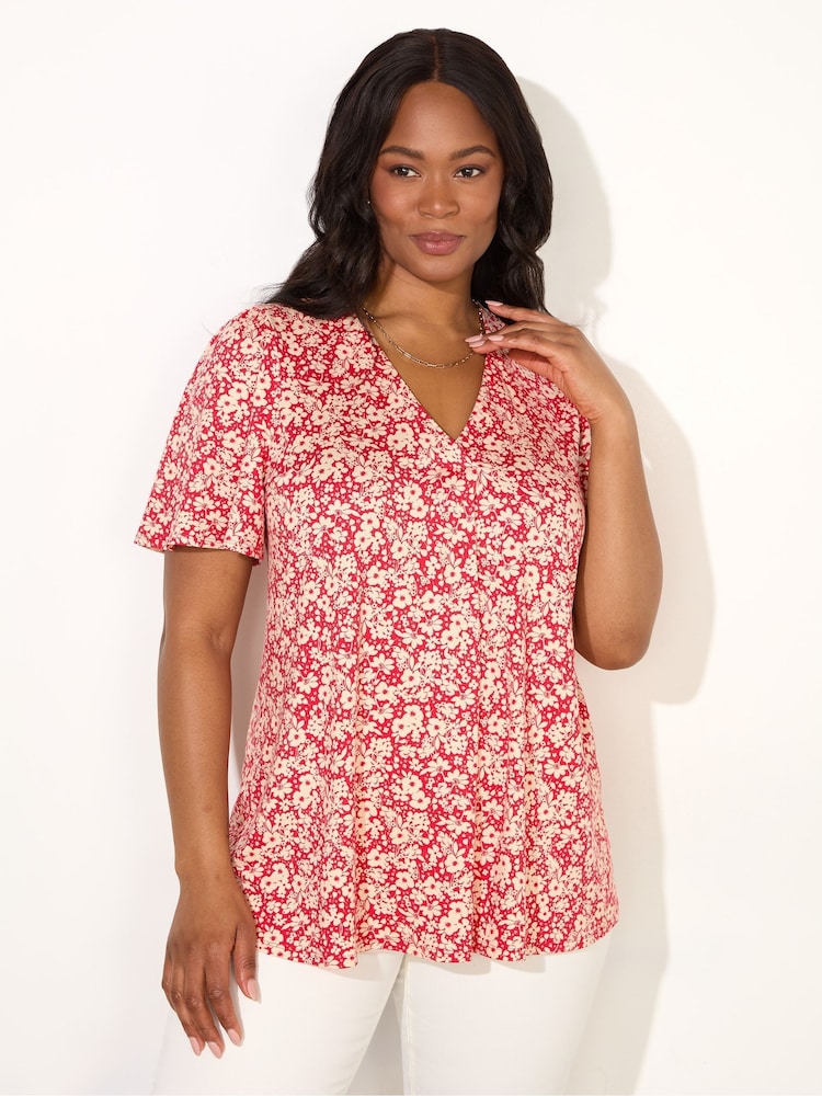 Live Unlimited Red Curve Ditsy Print Pleat Front Flutter Sleeve Top - Image 1 of 4