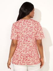 Live Unlimited Red Curve Ditsy Print Pleat Front Flutter Sleeve Top - Image 2 of 4