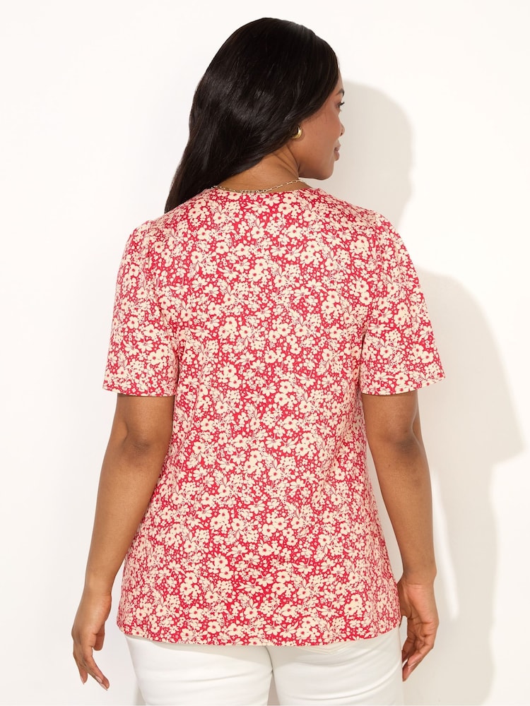 Live Unlimited Red Curve Ditsy Print Pleat Front Flutter Sleeve Top - Image 2 of 4