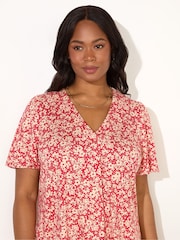 Live Unlimited Red Curve Ditsy Print Pleat Front Flutter Sleeve Top - Image 4 of 4