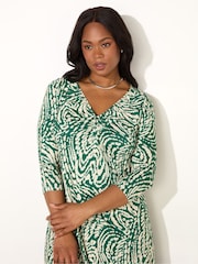 Live Unlimited Green Curve Mono Print Jersey Ruched Front Dress - Image 3 of 5