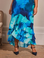 Live Unlimited Blue Curve Floral Scoop Neck Ruffle Dress - Image 4 of 5
