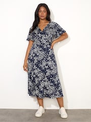 Live Unlimited Blue Curve Ditsy Jersey Flutter Sleeve Wrap Dress - Image 1 of 3