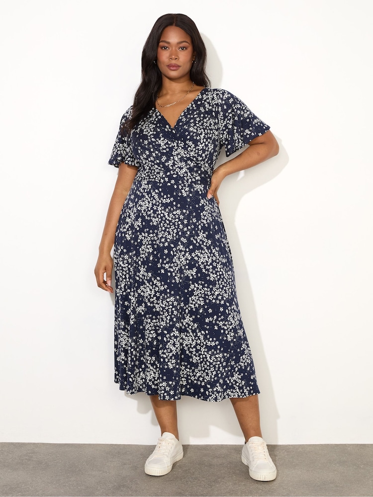 Live Unlimited Blue Curve Ditsy Jersey Flutter Sleeve Wrap Dress - Image 1 of 3