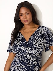 Live Unlimited Blue Curve Ditsy Jersey Flutter Sleeve Wrap Dress - Image 3 of 3