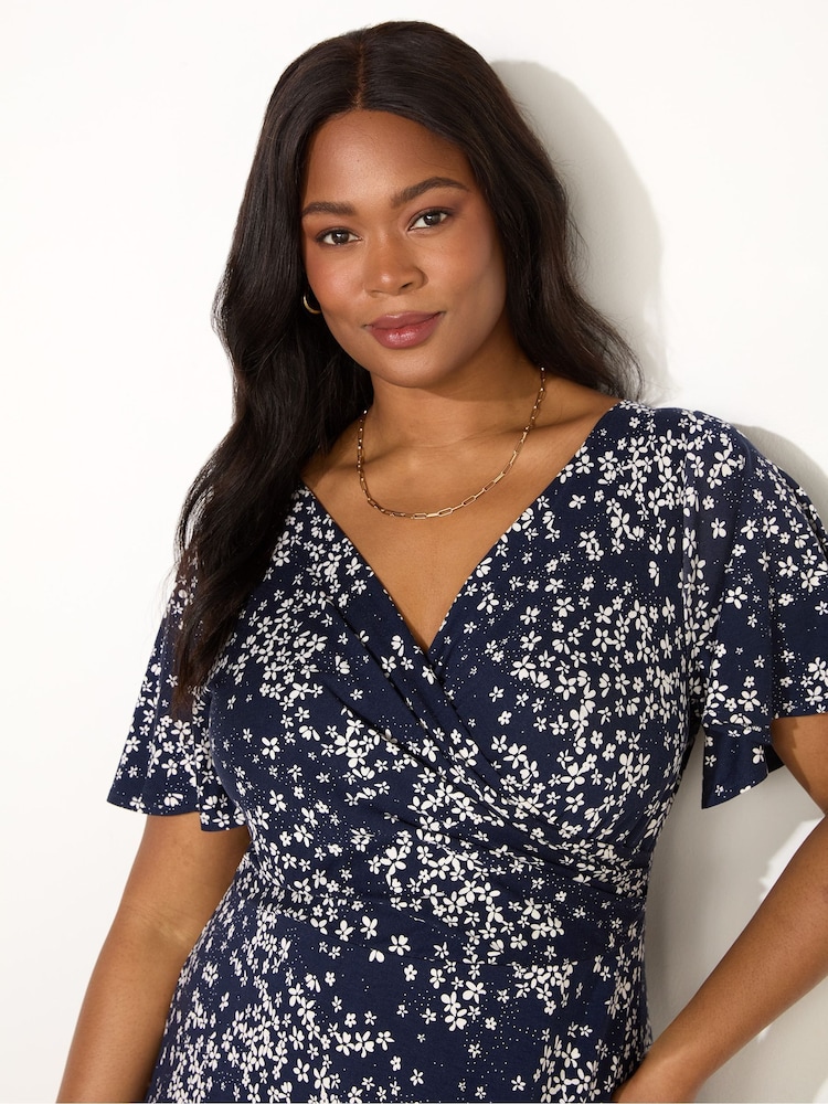 Live Unlimited Blue Curve Ditsy Jersey Flutter Sleeve Wrap Dress - Image 3 of 3