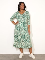 Live Unlimited Green Curve Mono Print Jersey Ruched Front Dress - Image 1 of 4