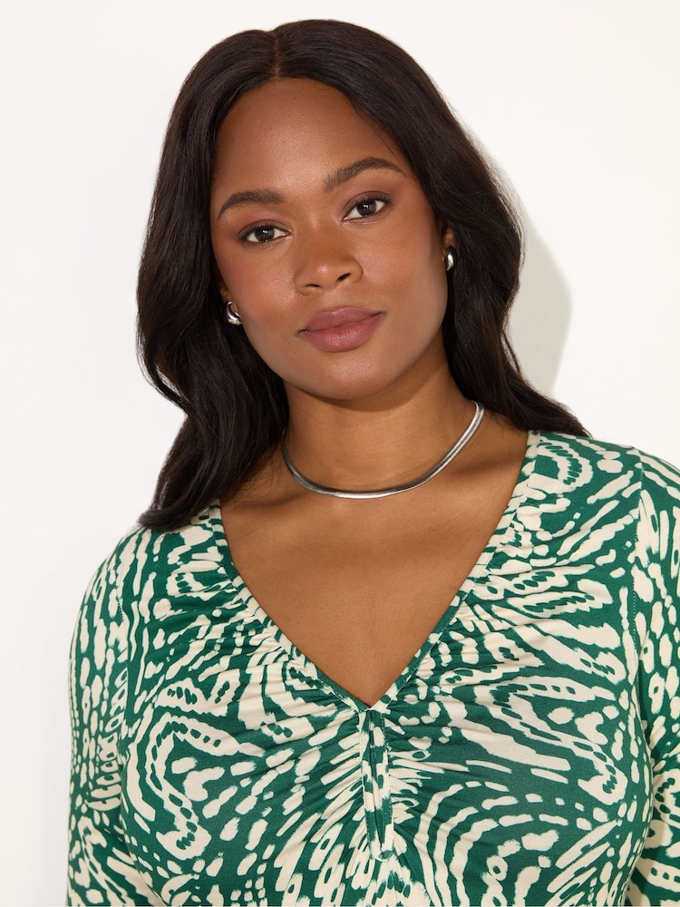 Live Unlimited Green Curve Mono Print Jersey Ruched Front Dress - Image 3 of 4