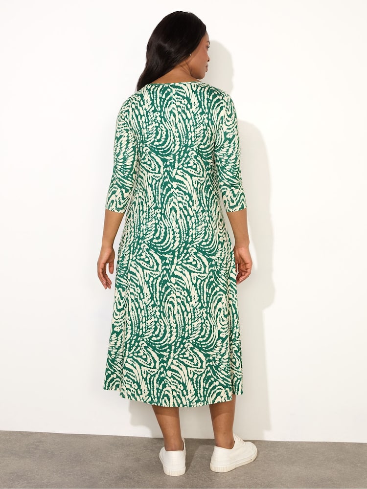 Live Unlimited Green Curve Mono Print Jersey Ruched Front Dress - Image 4 of 4