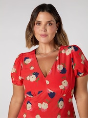Live Unlimited Red Curve Floral Puff Sleeve Midi Dress - Image 3 of 3