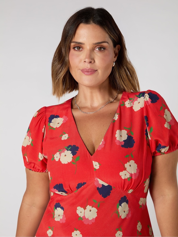 Live Unlimited Red Curve Floral Puff Sleeve Midi Dress - Image 3 of 3