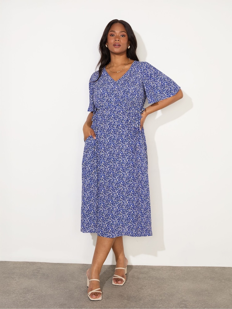 Live Unlimited Blue Curve Ditsy Angel Sleeve Midi Dress - Image 4 of 7