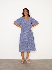 Live Unlimited Blue Curve Ditsy Angel Sleeve Midi Dress - Image 5 of 7