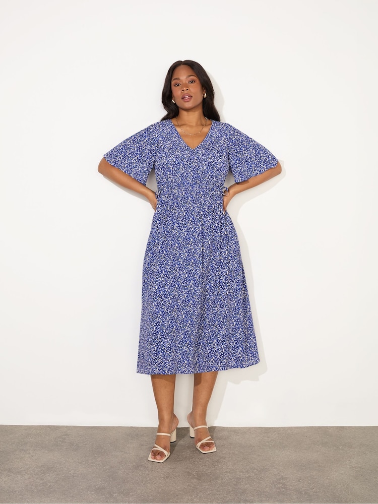 Live Unlimited Blue Curve Ditsy Angel Sleeve Midi Dress - Image 5 of 7
