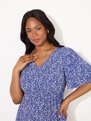Live Unlimited Blue Curve Ditsy Angel Sleeve Midi Dress - Image 6 of 7