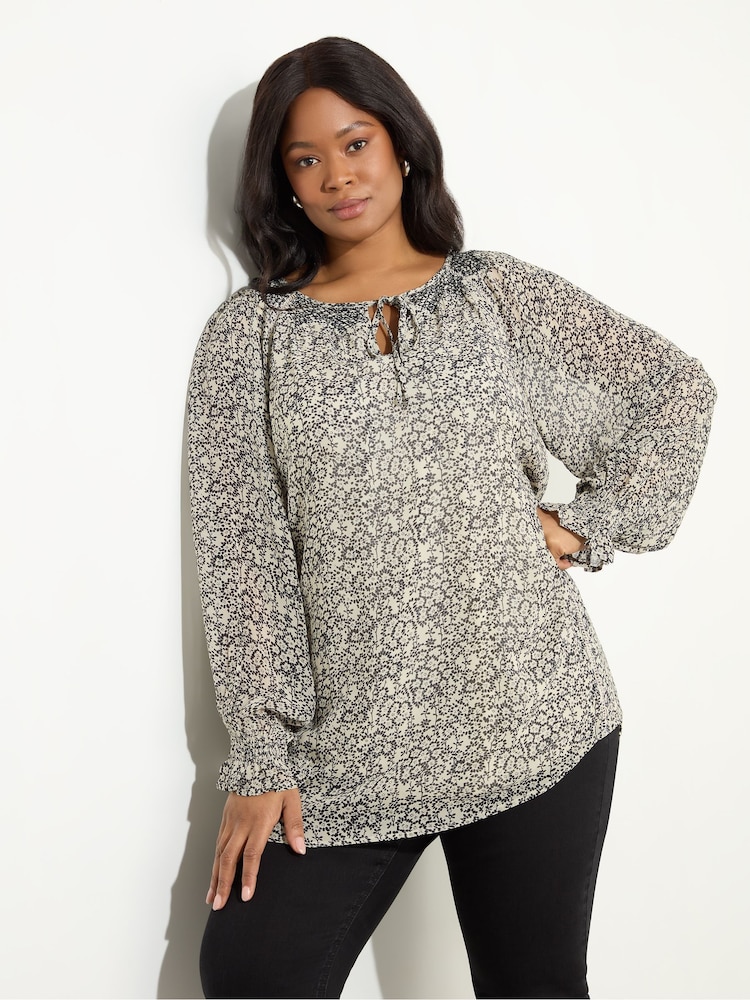 Live Unlimited Black/white Curve Ditsy Smocked Tunic - Image 1 of 5