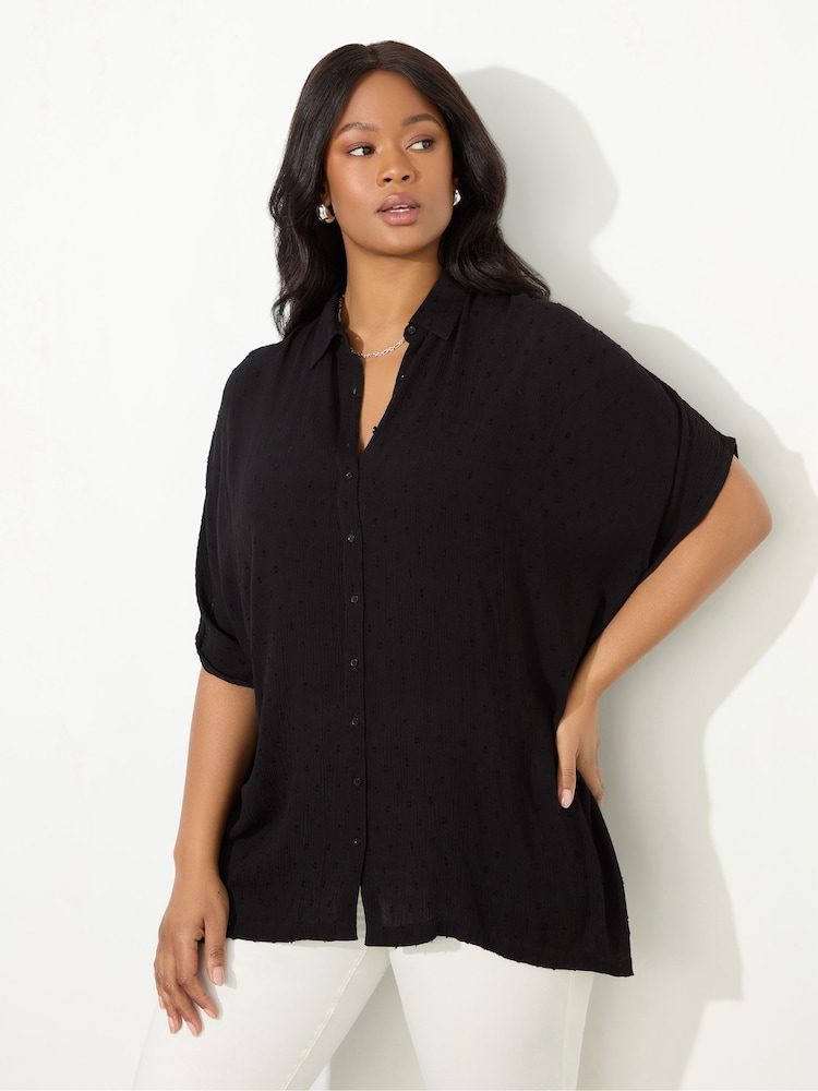 Live Unlimited Black Petite Curve Dobby Button Through Tunic - Image 2 of 4