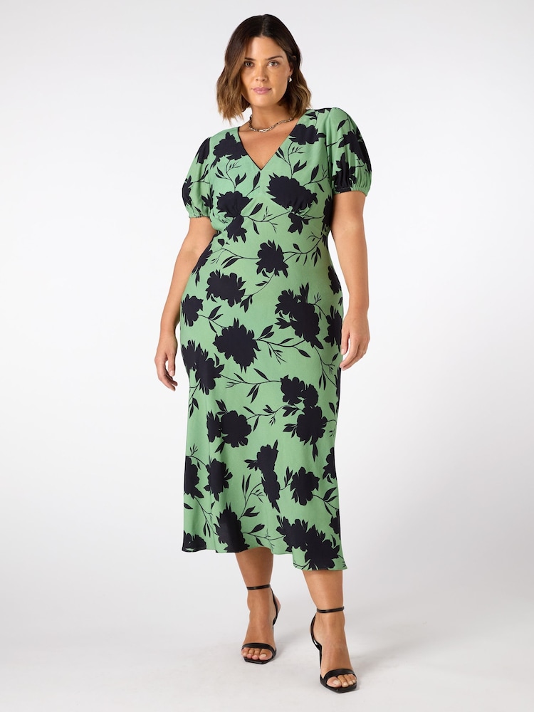 Live Unlimited Green Curve Floral Print Twist Front Dress - Image 1 of 5