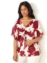 Live Unlimited Red Curve Floral Print Ruched Front Blouse - Image 1 of 5