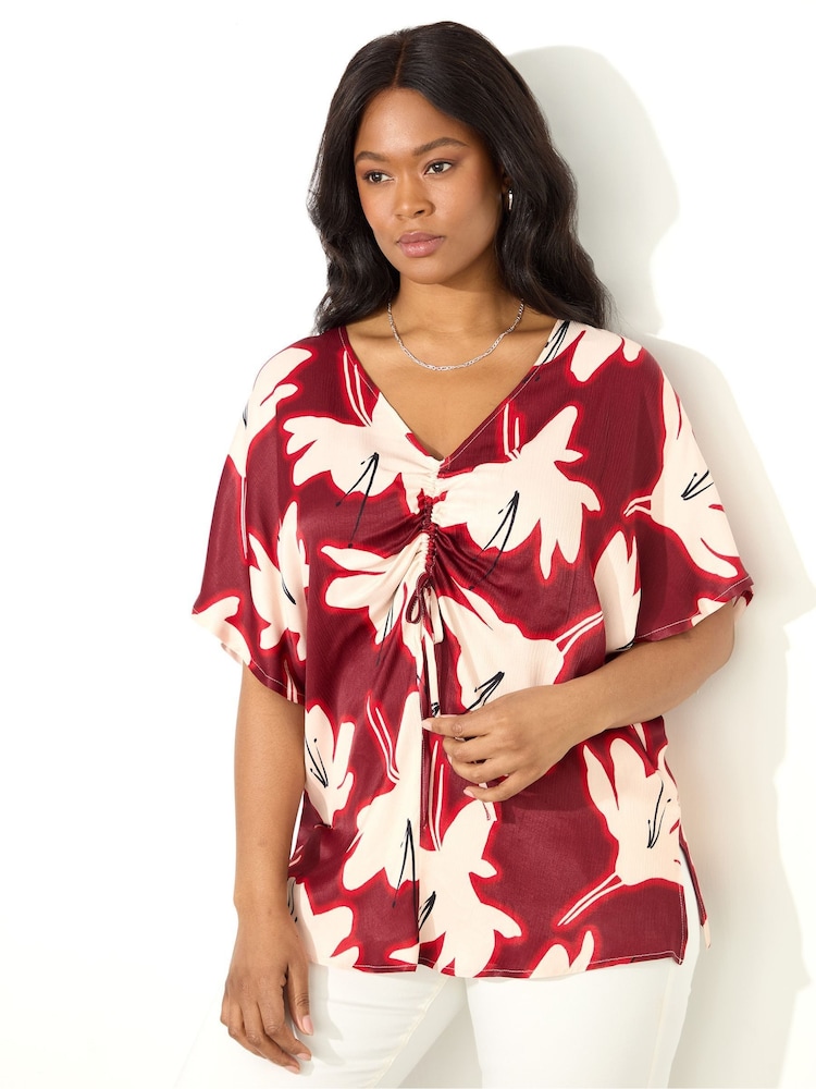 Live Unlimited Red Curve Floral Print Ruched Front Blouse - Image 1 of 5