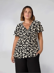 Live Unlimited Black Curve Print Ruched Flutter Sleeve Top - Image 1 of 4