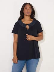 Live Unlimited Blue Curve Embroidered Shirred 100% Cotton Neck Top - Image 1 of 3
