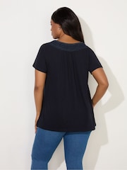 Live Unlimited Blue Curve Embroidered Shirred 100% Cotton Neck Top - Image 2 of 3