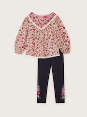 Monsoon Red Floral Woven Blouse and Leggings Set - Image 1 of 3