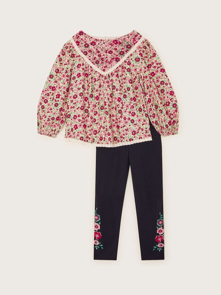 Monsoon Red Floral Woven Blouse and Leggings Set - Image 1 of 3