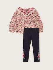 Monsoon Red Floral Woven Blouse and Leggings Set - Image 2 of 3