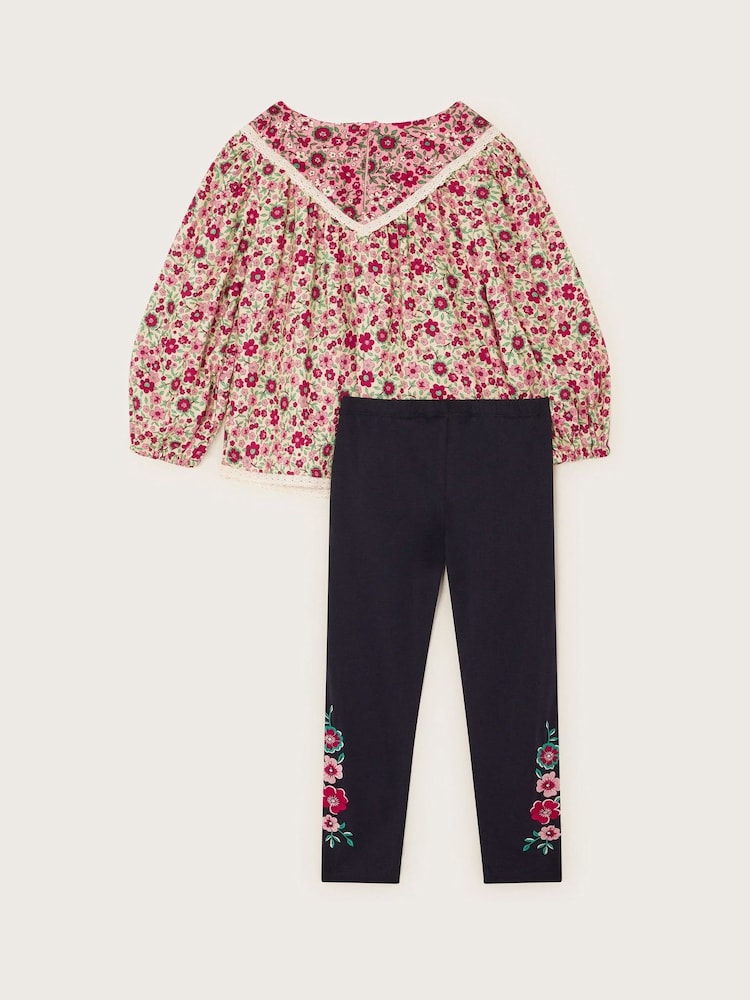 Monsoon Red Floral Woven Blouse and Leggings Set - Image 2 of 3