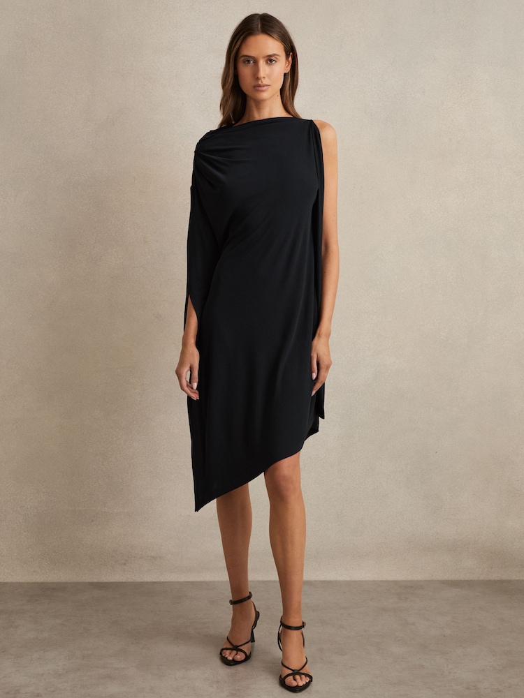 Reiss Navy/Black Elia Asymmetric Draped Jersey Dress - Image 1 of 6