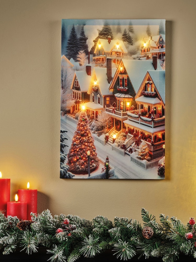 Lumineo White Christmas Tree and Cabins LED Wall Art - Image 1 of 3 Lumineo White Christmas Tree and Cabins LED Wall Art - Image 1 of 3