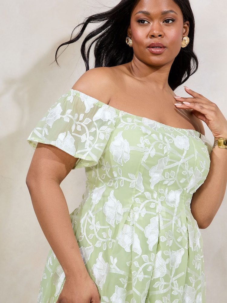 Lipsy Green Curve Premium Floral Embroidered Bardot Midi Prom Dress - Image 2 of 5