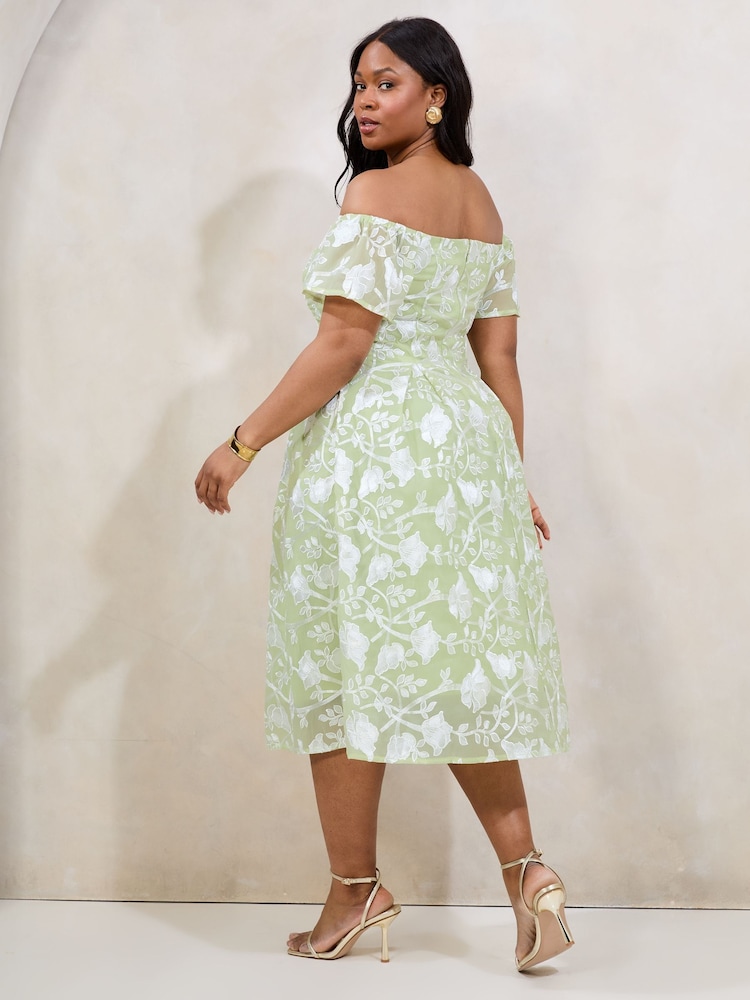 Lipsy Green Curve Premium Floral Embroidered Bardot Midi Prom Dress - Image 5 of 5