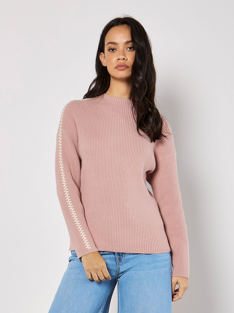 Apricot Pink Blanket Stitch Ribbed Jumper - Image 1 of 5