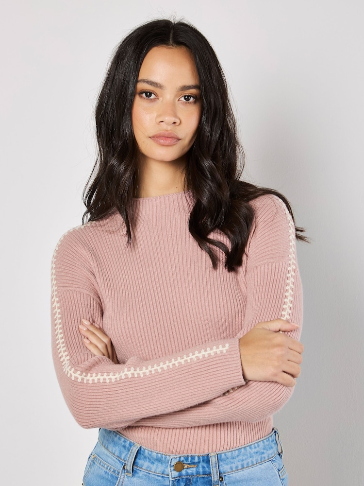 Apricot Pink Blanket Stitch Ribbed Jumper - Image 2 of 5