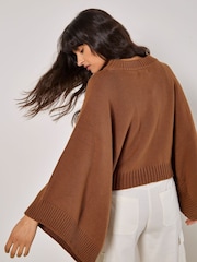 Apricot Brown Cotton Mix Mock Neck Cape Jumper - Image 2 of 4