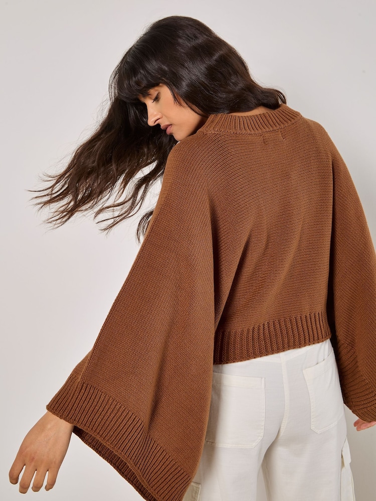 Apricot Brown Cotton Mix Mock Neck Cape Jumper - Image 2 of 4