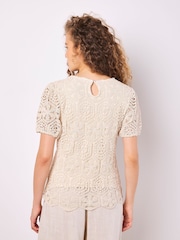 Apricot Natural Crochet Circles Puff Sleeve 100% Cotton T-Shirt - Image 3 of 5