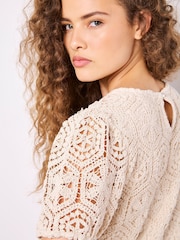 Apricot Natural Crochet Circles Puff Sleeve 100% Cotton T-Shirt - Image 4 of 5