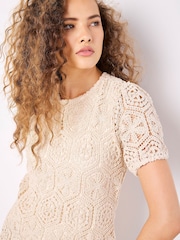 Apricot Natural Crochet Circles Puff Sleeve 100% Cotton T-Shirt - Image 5 of 5