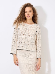 Apricot Natural Circles Bell Sleeve 100% Cotton Crochet Top - Image 3 of 4