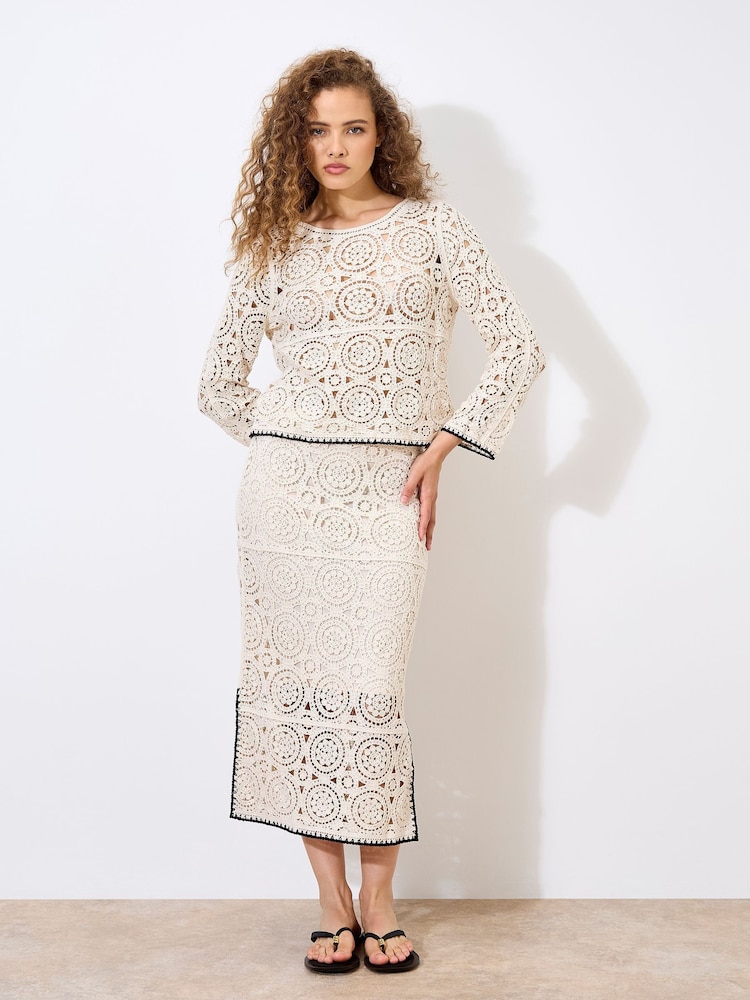 Apricot Natural Circles Bell Sleeve 100% Cotton Crochet Top - Image 4 of 4