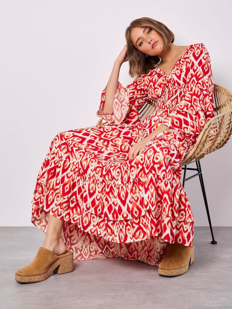 Apricot Red Ikat Swirls Bell Sleeve Maxi Dress - Image 1 of 5