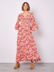 Apricot Red Ikat Swirls Bell Sleeve Maxi Dress - Image 2 of 5