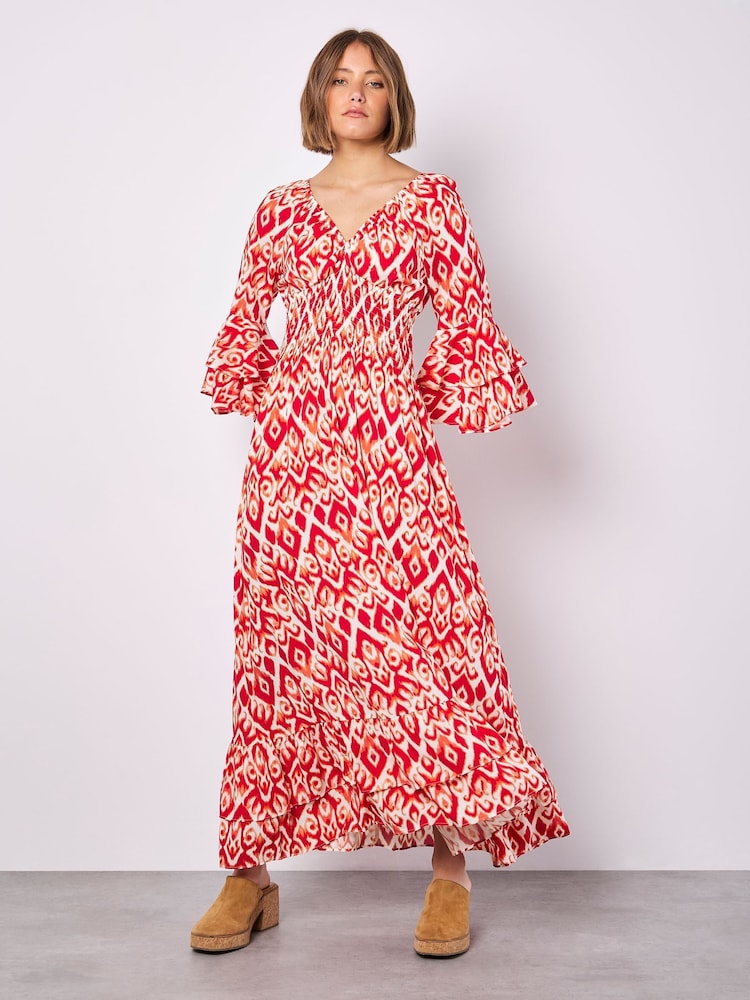 Apricot Red Ikat Swirls Bell Sleeve Maxi Dress - Image 2 of 5